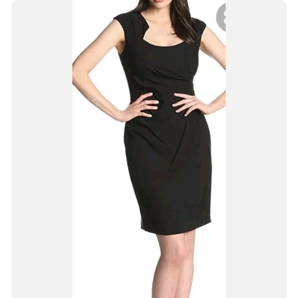 Calvin Klein Black Ruched Square Neck Sleeveless Dress - Picture 1 of 5